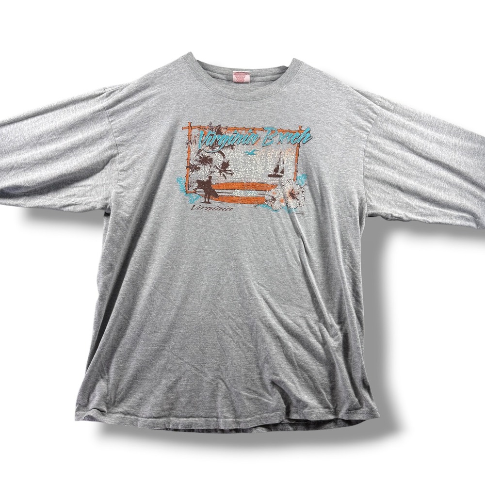 Sunsations Virginia Beach Graphic Long Sleeve Shirt Gray Mens XL Surfer Beach